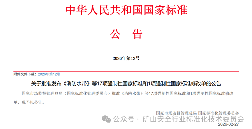 《煤矿压风自救系统技术要求》等4项强制性矿山安全生产国家标准批准发布